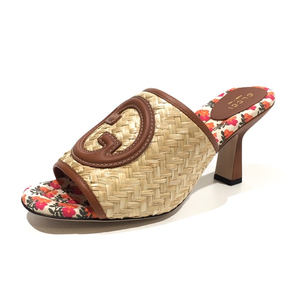 GUCCI INTERLOCKING G RAFFIA HEELED SLIDES -WOMEN’S US 8.5 -NEW - Picture 1 of 11